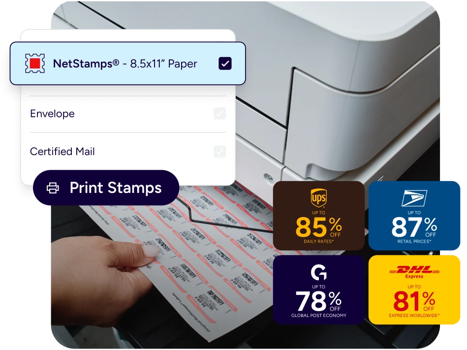 Print stamps from your office or home printer anytime.