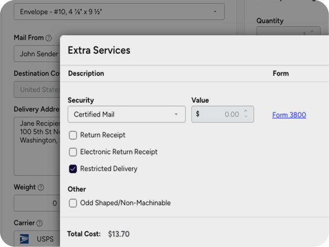 Certified Mail Extra Services Dialog